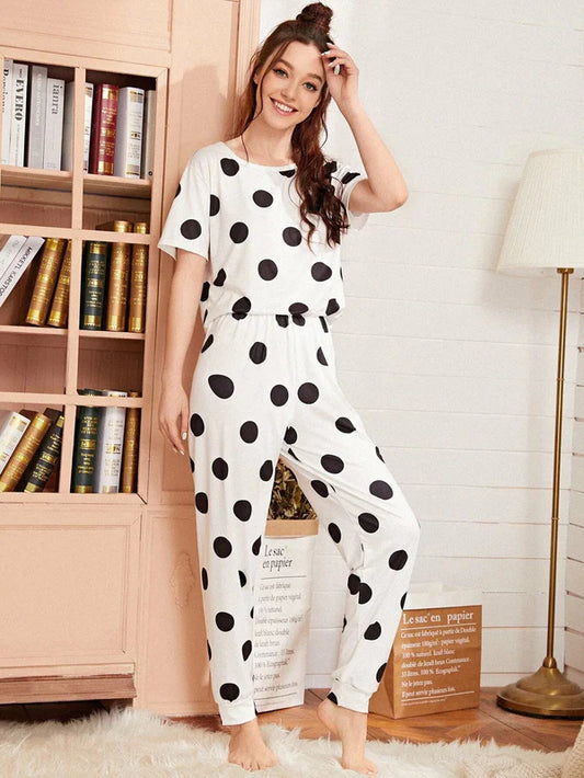 BLACK AND WHITE DOTED HALF SLEEVES PRINTED NIGHT SUIT