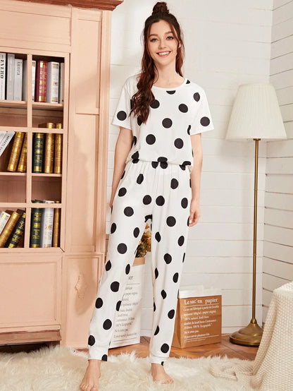 BLACK AND WHITE DOTED HALF SLEEVES PRINTED NIGHT SUIT