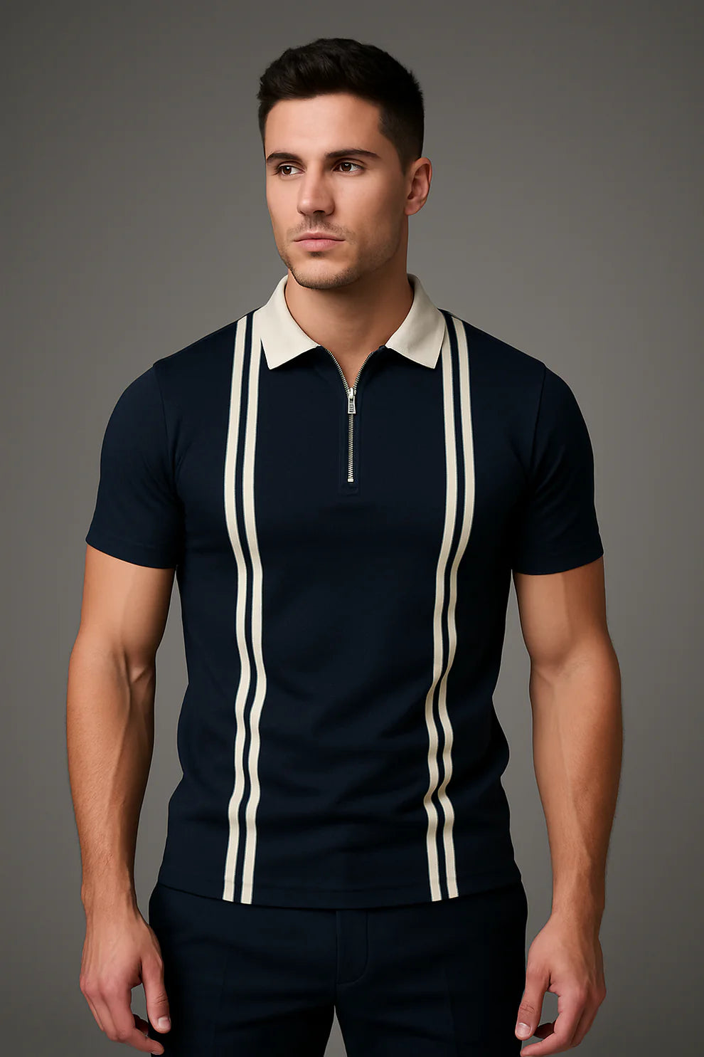 Blue Zipped Polo With White Stripes