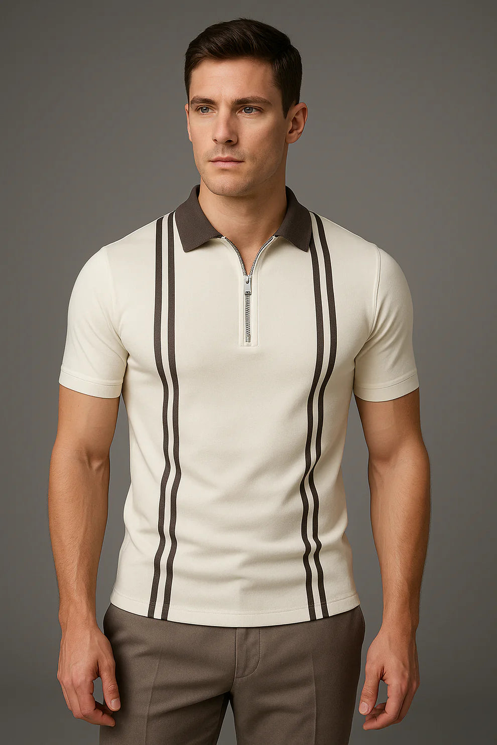 White Zipped Polo With Dark Grey Stripes