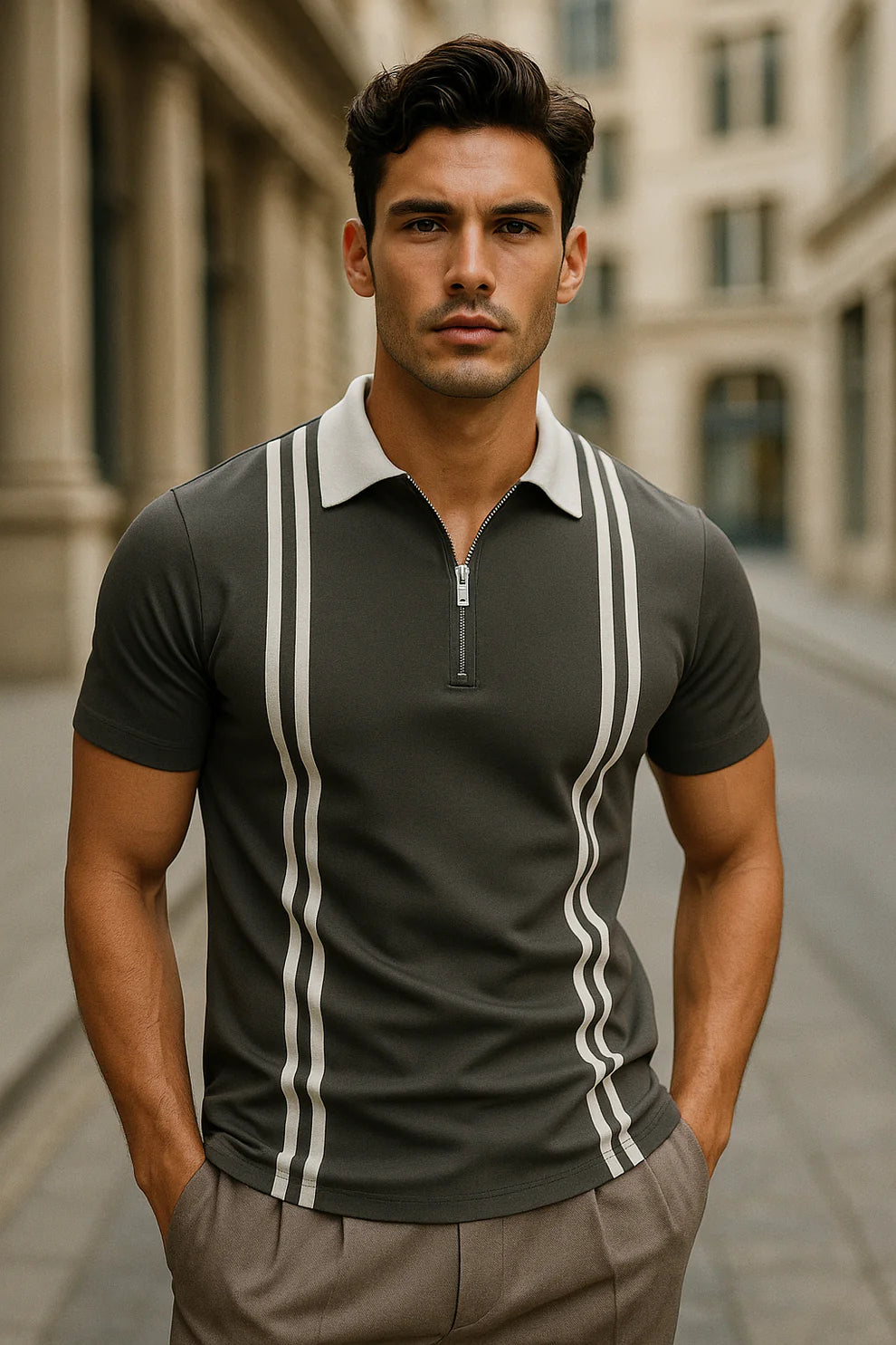 Grey Zipped Polo With White Stripes