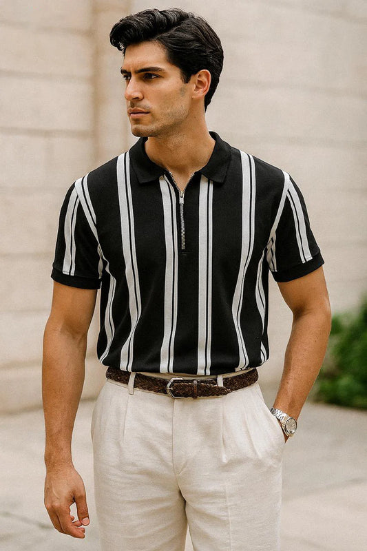MULTIPLE STRIPE ZIPPER POLO - BLACK & WHITE