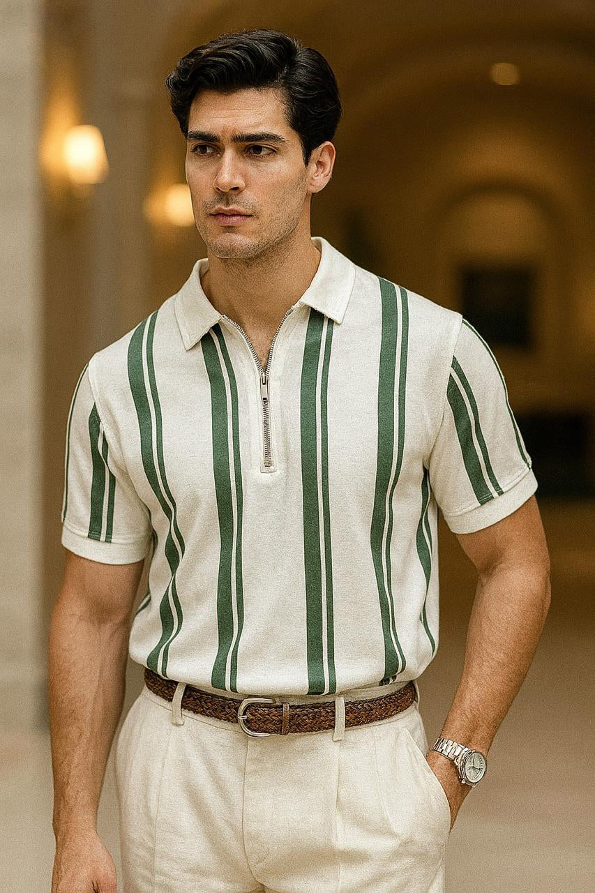 MULTIPLE STRIPE ZIPPER POLO - WHITE