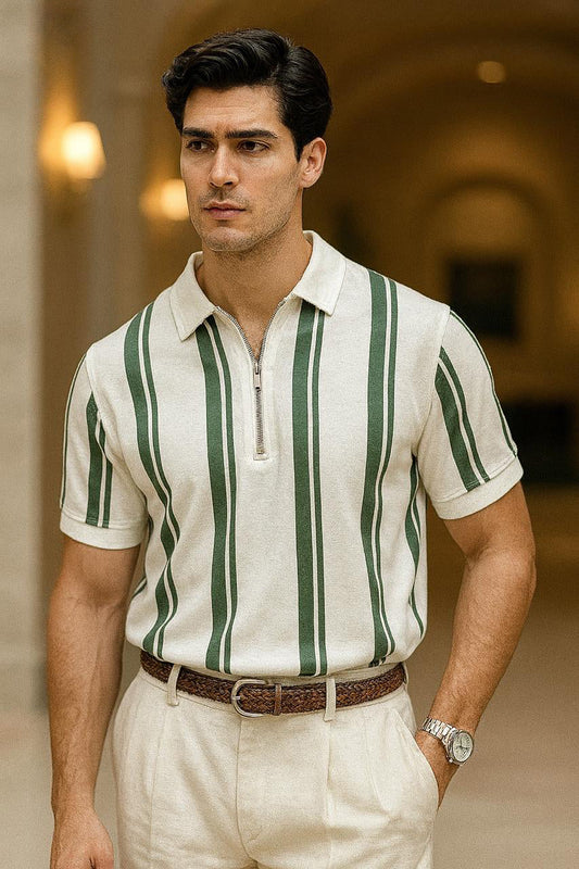 MULTIPLE STRIPE ZIPPER POLO - WHITE