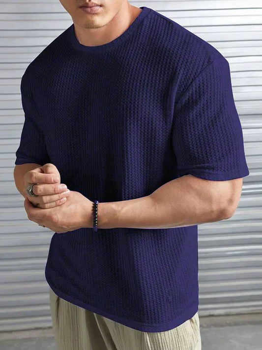 OVER-SIZED WAFFLE KNIT TEE FOR MEN - NAVY BLUE