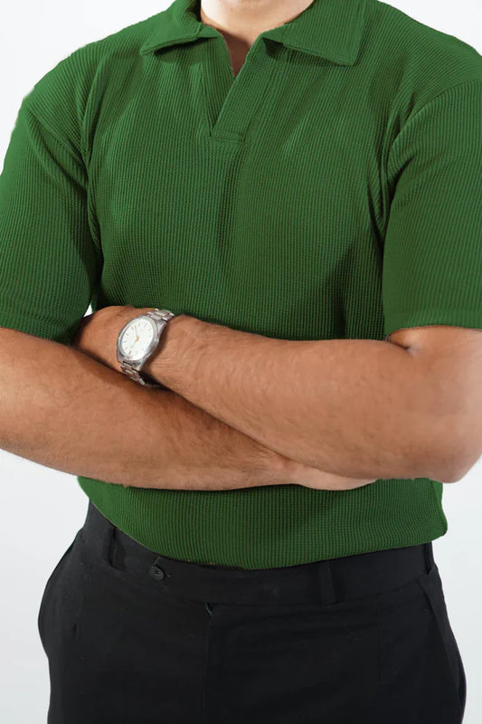 WAFFLE KNITTED POLO - OLIVE