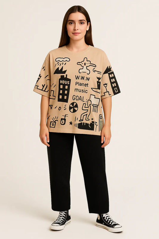 PLANET PRINTED PJ SUIT - FAWN