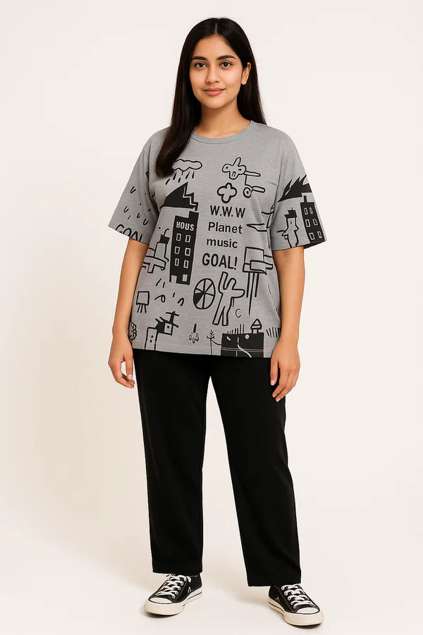 PLANET PRINTED PJ SUIT - GREY