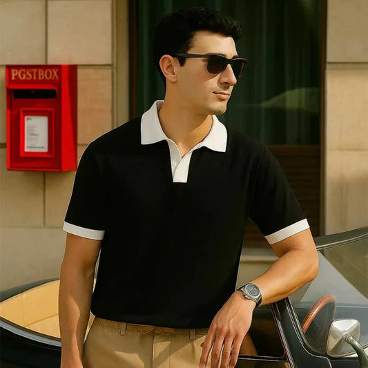 V NECK POLO - BLACK
