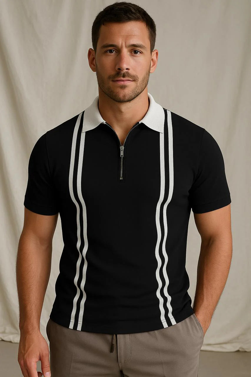 Black Zipped Polo With White Stripes