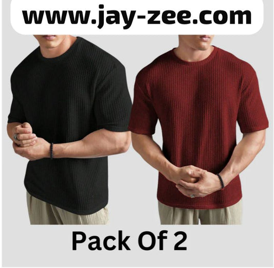 PACK OF TWO WAFFLE KNIT TEE FOR MEN - BLACK +MAROON