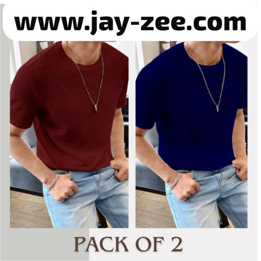 PACK OF TWO WAFFLE KNIT TEE FOR MEN - NAVY BLUE + MAROON