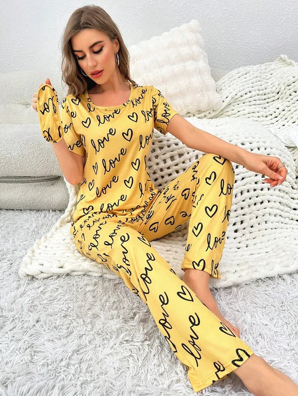 YELLOW LOVE HEART PRINTED NIGHT SUIT
