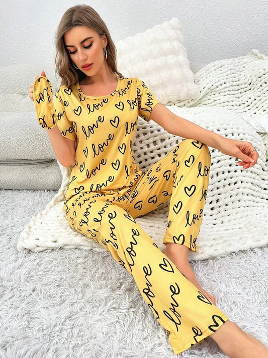 YELLOW LOVE HEART PRINTED NIGHT SUIT