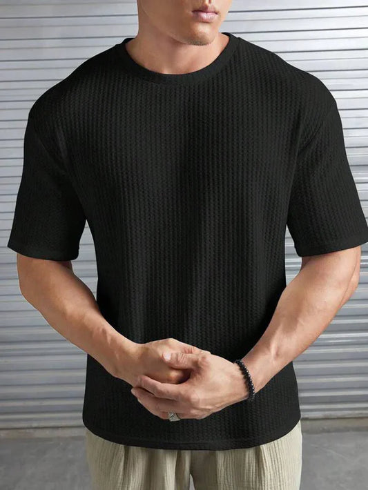 OVER-SIZED WAFFLE KNIT TEE FOR MEN - BLACK